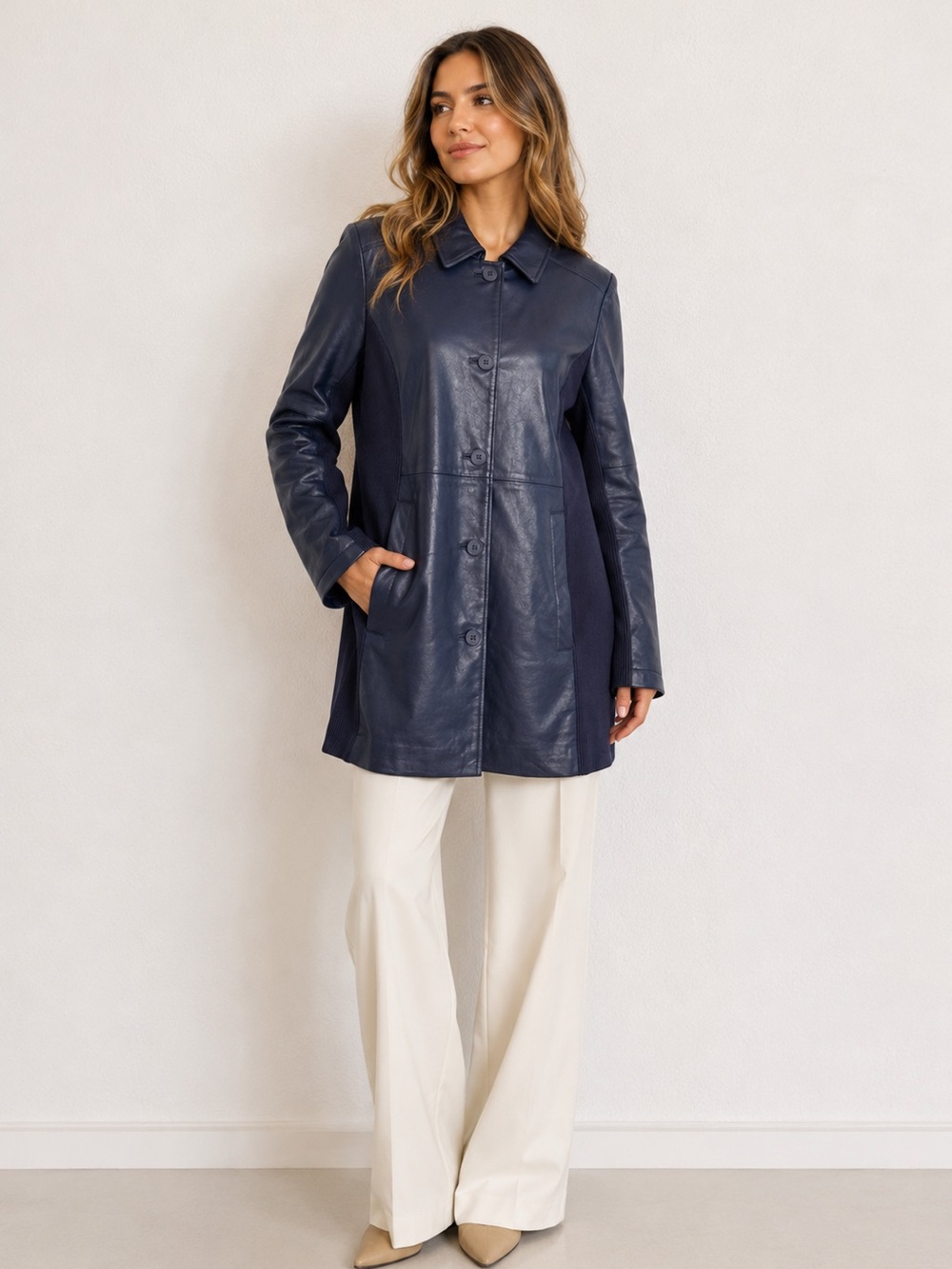 Linea by Louis Dell'Olio Navy Blue Lamb Leather Jacket with side knit panels.